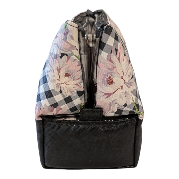 Tahari Black and Gray Checkered Floral Cosmetic Bag - Picture 3 of 6